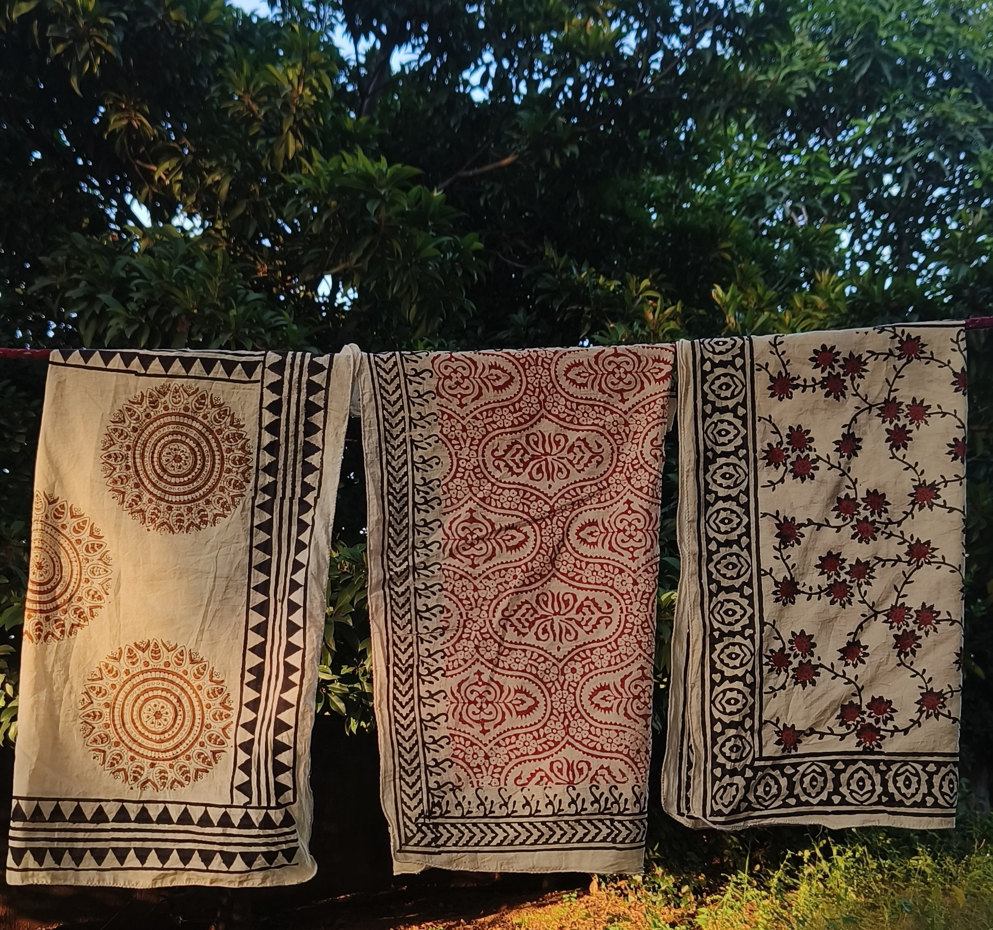 Set of 7 Hand Block Print Cotton Bandanas – Natural Dye Handmade Scarves