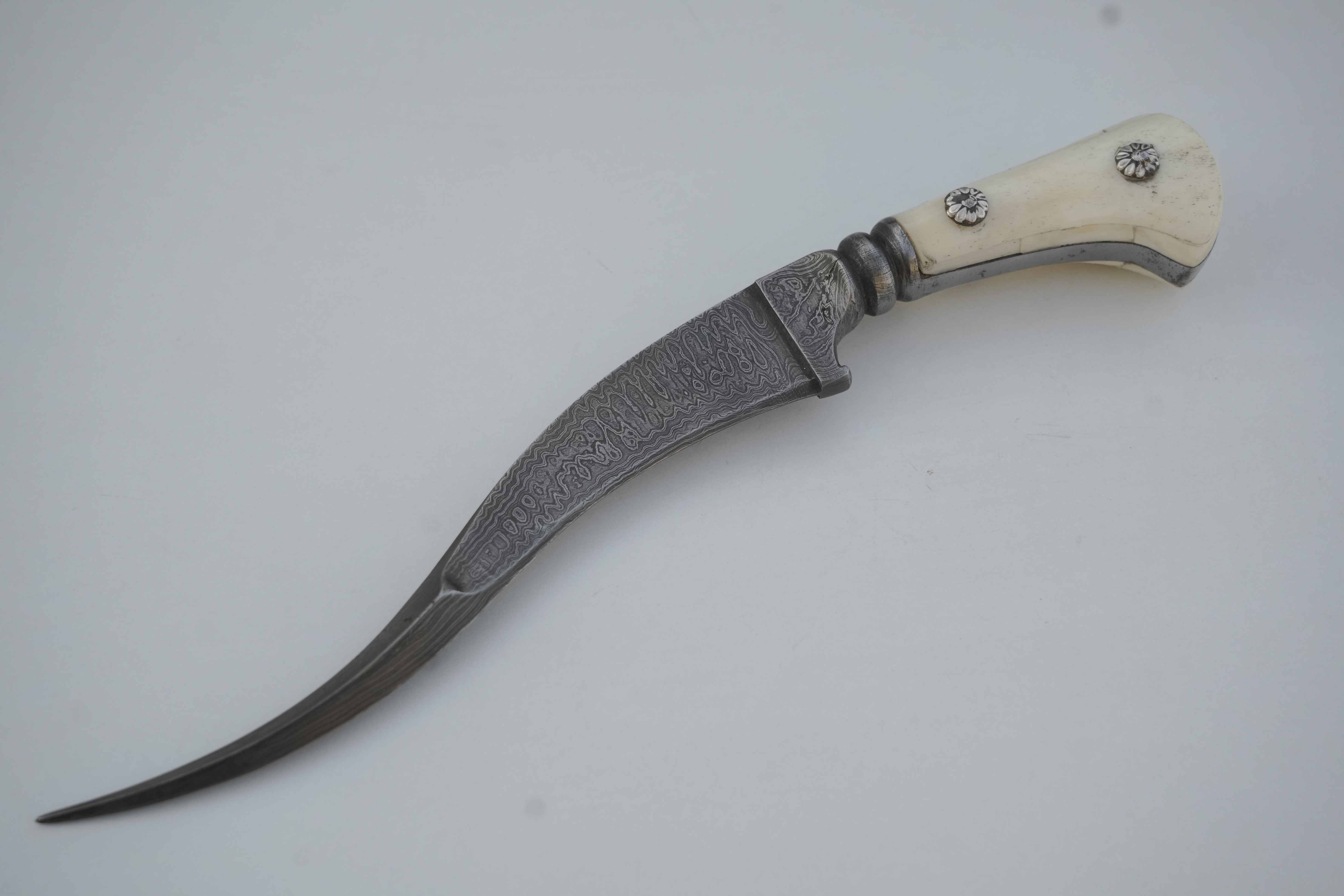 Curved Khanjar Dagger with Engraved Blade Bone Handle Damascus Steel Blade