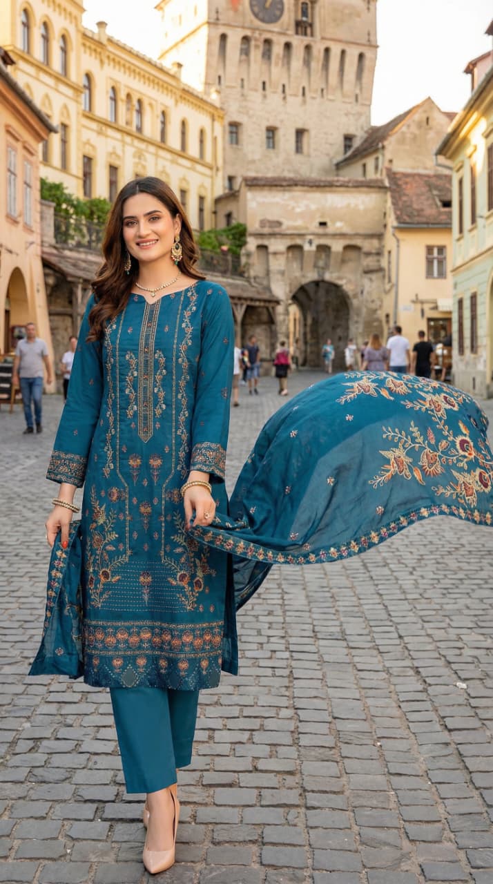 3Pc Embroidered Shirt, Dupatta with dyed trouser