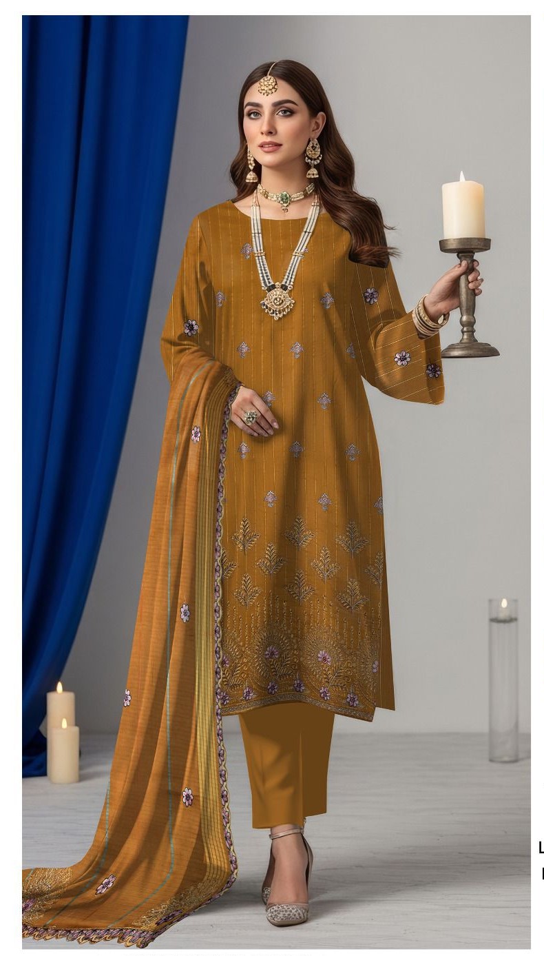 Lining Lawn Heavy Embroidered Front, Lining Lawn Embroidered Sleeves and Back, Fancy Embroidered Lawn Barosha Dupatta, Plain Cambric Trouser,