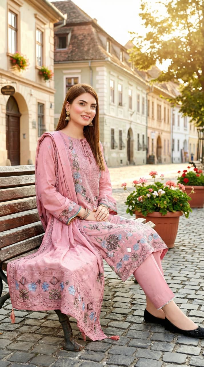 3Pc Embroidered Shirt, Dupatta with dyed trouser
