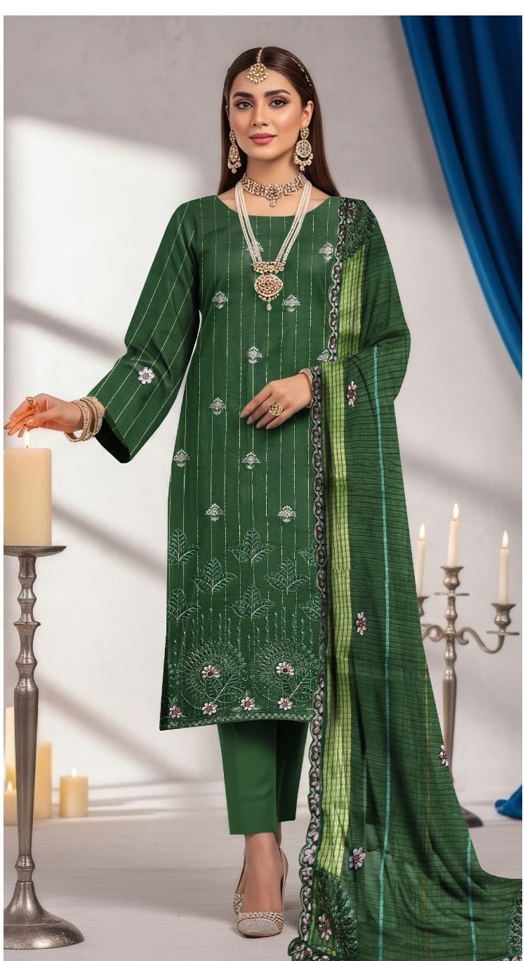 Lining Lawn Heavy Embroidered Front, Lining Lawn Embroidered Sleeves and Back, Fancy Embroidered Lawn Barosha Dupatta, Plain Cambric Trouser,