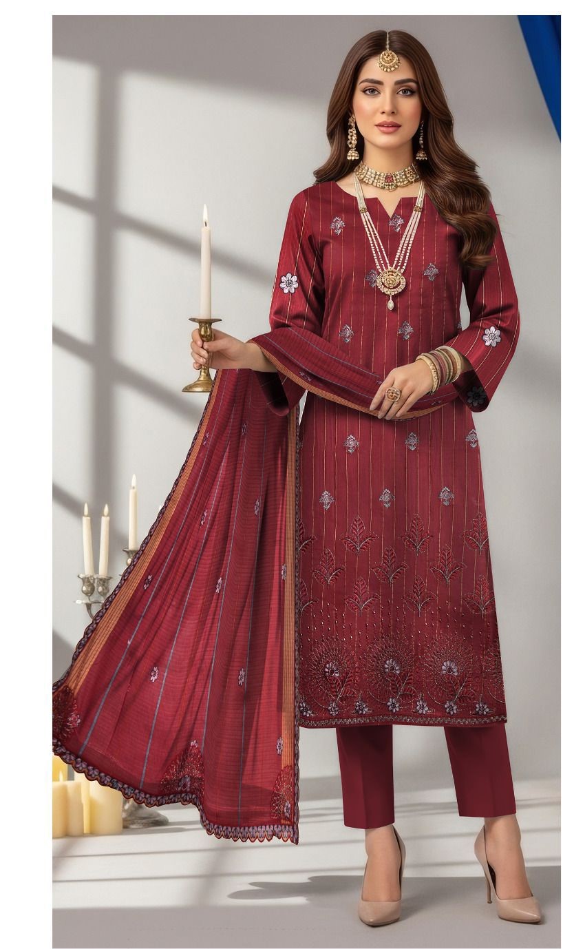 Lining Lawn Heavy Embroidered Front, Lining Lawn Embroidered Sleeves and Back, Fancy Embroidered Lawn Barosha Dupatta, Plain Cambric Trouser,