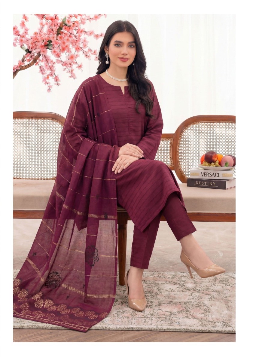 Fancy Lawn, Bana Dora Shirt, plane trouser and Jacquard dupatta.