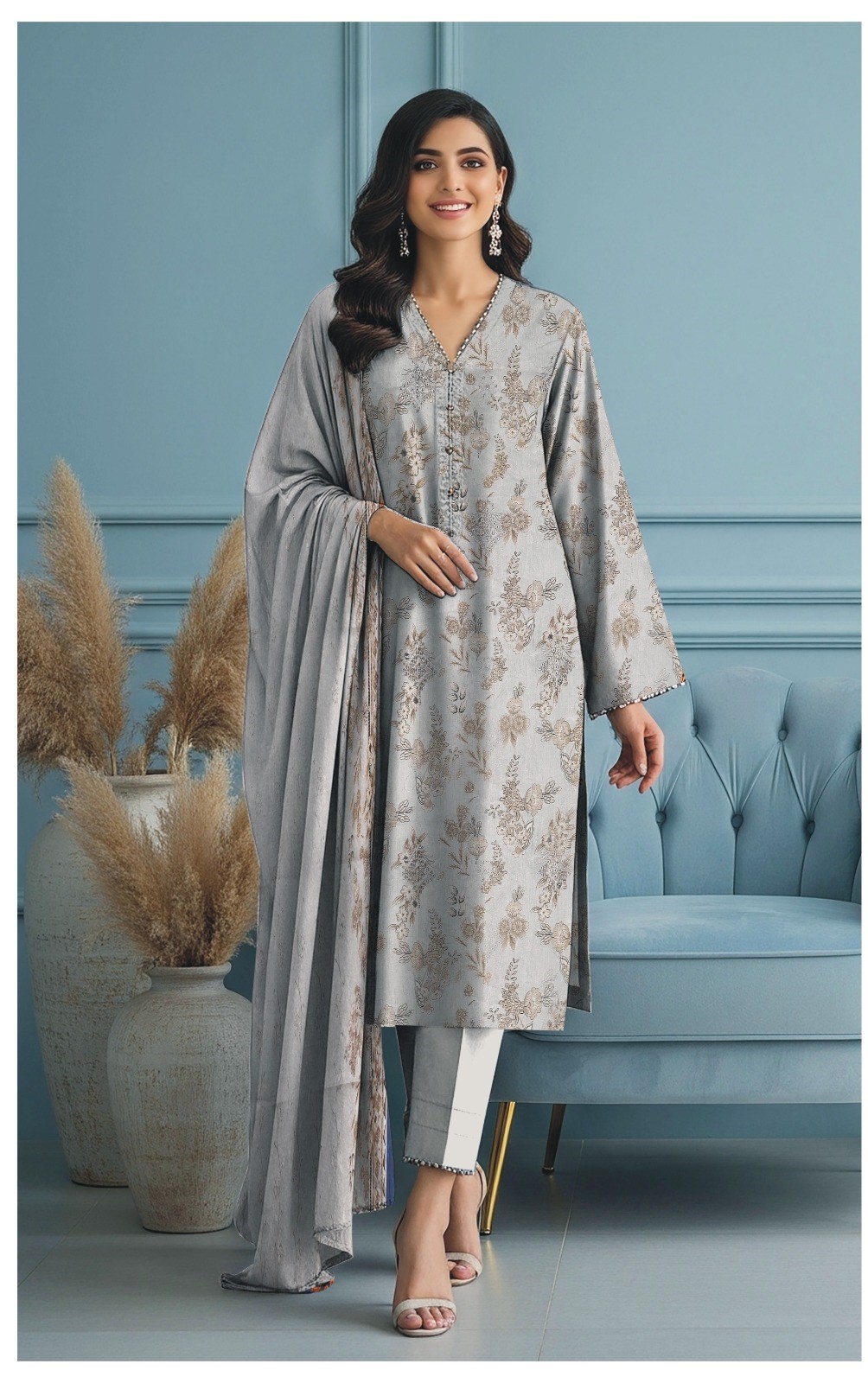 3 Pc Grey Sequence Embroidered suit