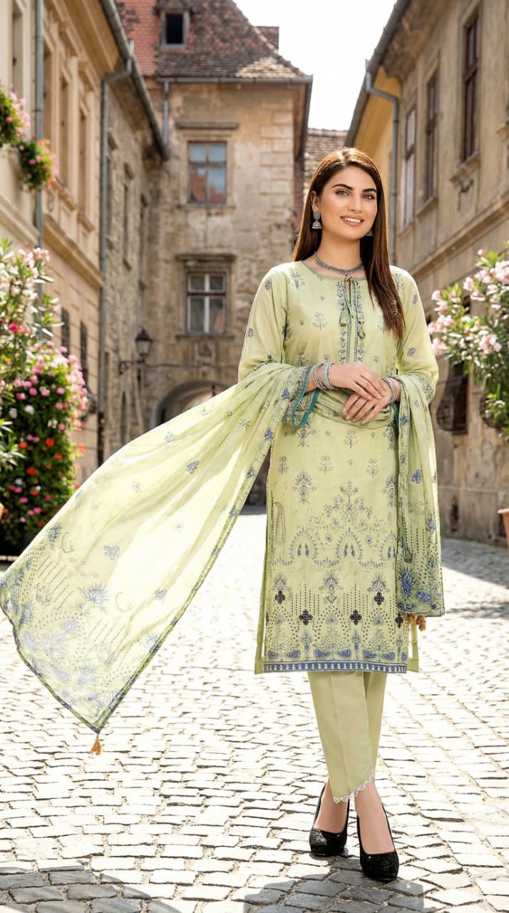 3Pc Embroidered Shirt, Dupatta with dyed trouser