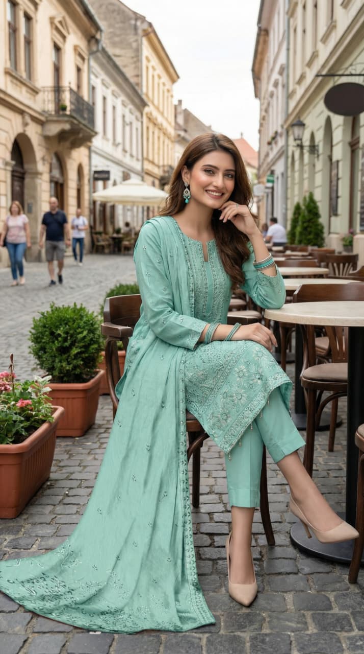 3Pc Embroidered Shirt, Dupatta with dyed trouser