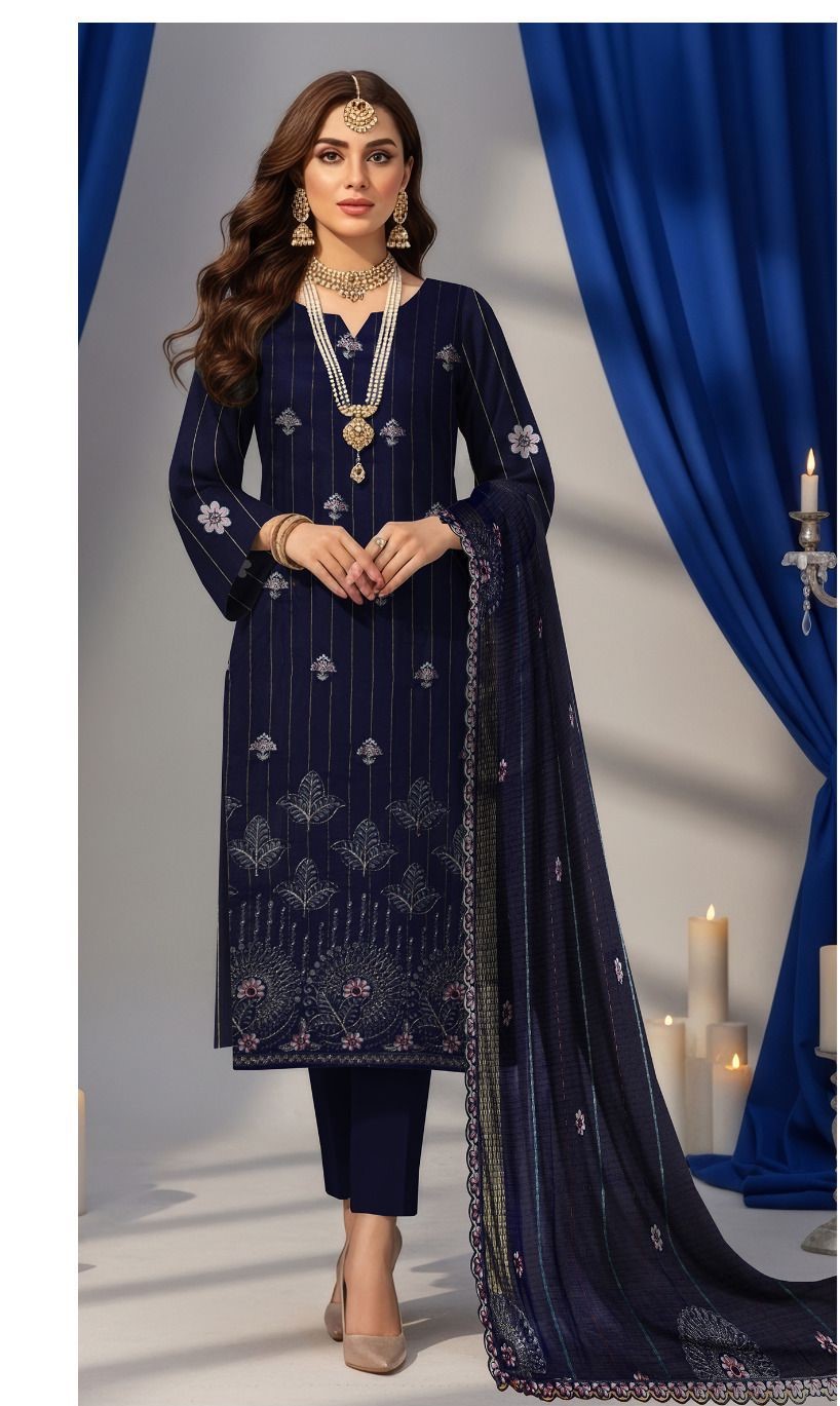 Lining Lawn Heavy Embroidered Front, Lining Lawn Embroidered Sleeves and Back, Fancy Embroidered Lawn Barosha Dupatta, Plain Cambric Trouser,