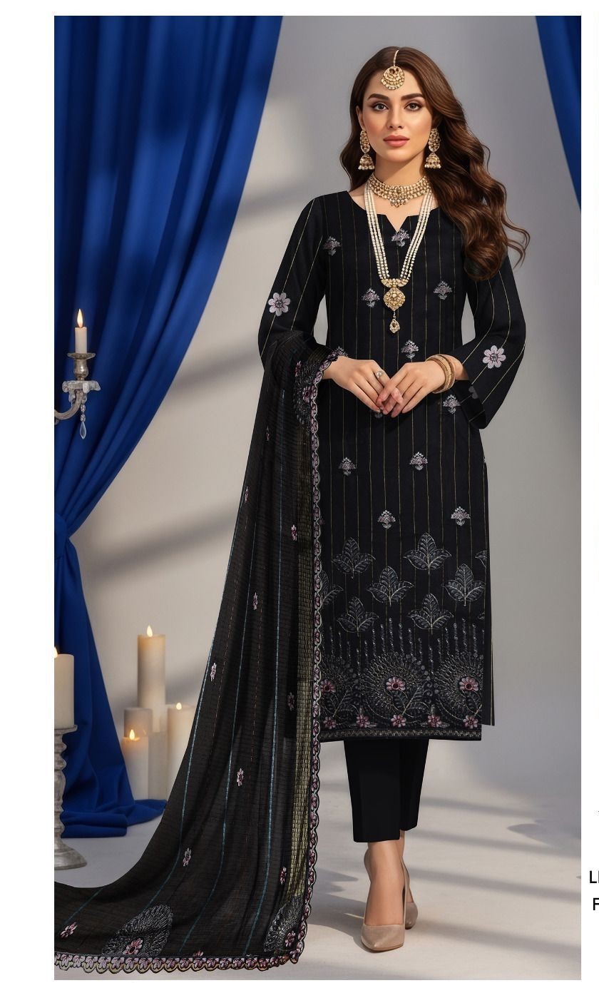 Lining Lawn Heavy Embroidered Front, Lining Lawn Embroidered Sleeves and Back, Fancy Embroidered Lawn Barosha Dupatta, Plain Cambric Trouser,