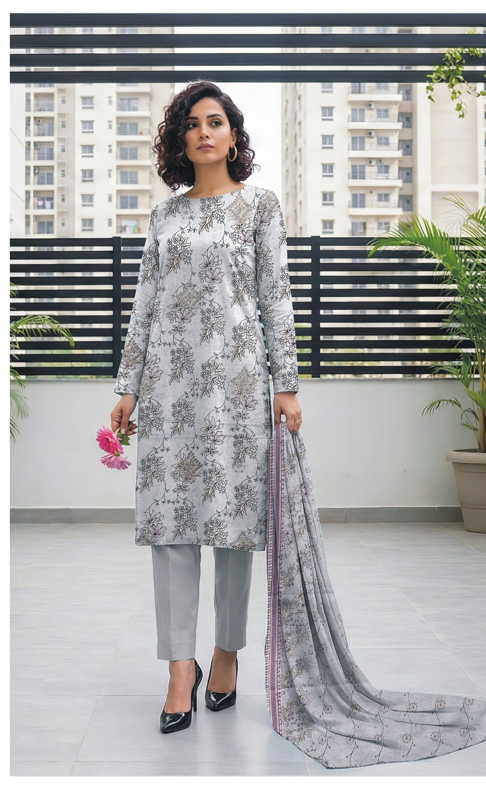 3 Pc Grey Sequence Embroidered suit