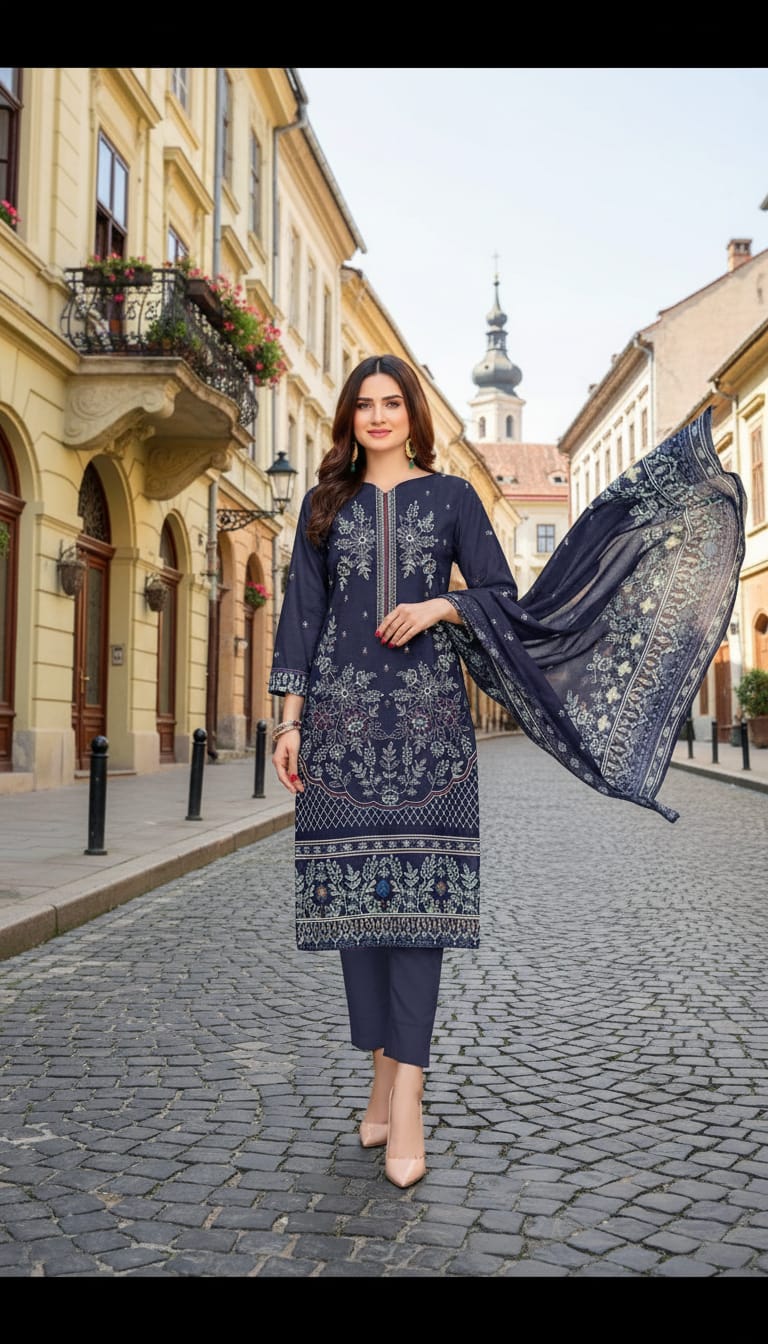 3Pc Embroidered Shirt, Dupatta with dyed trouser