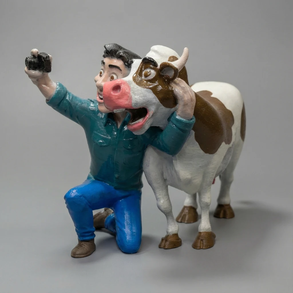 مجسم سيلفي مرح مع بقرة المزرعة