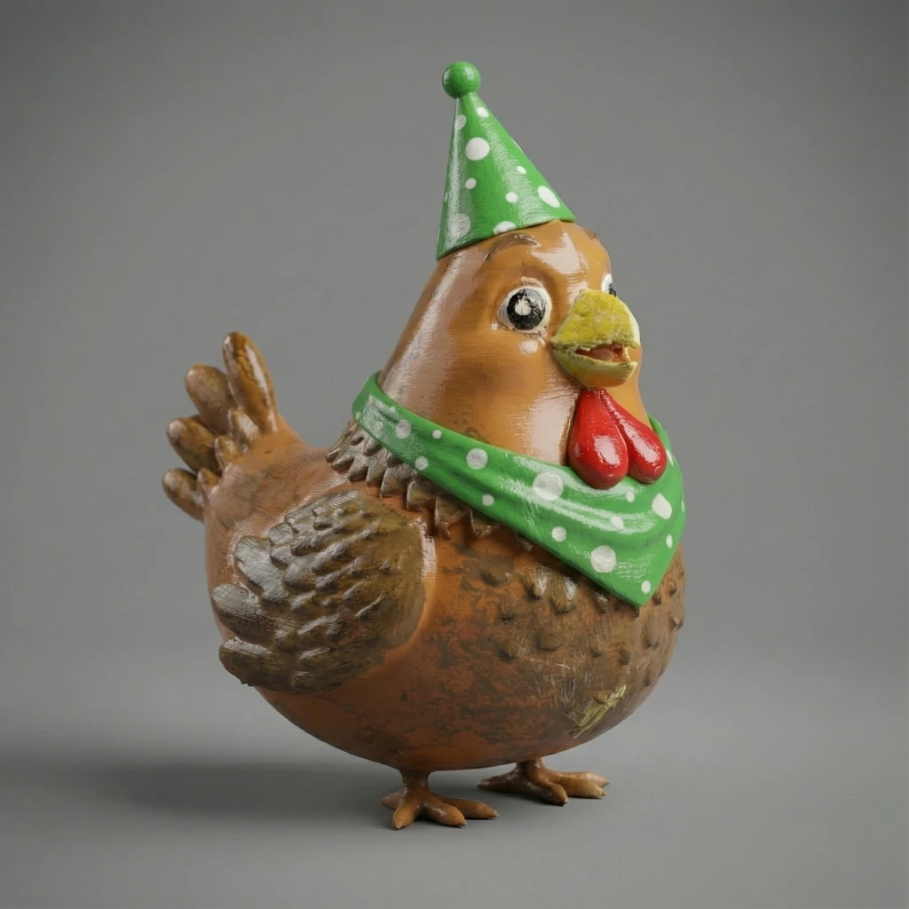 مجسم الدجاجة الكرتونية بقبعة ووشاح الحفلات