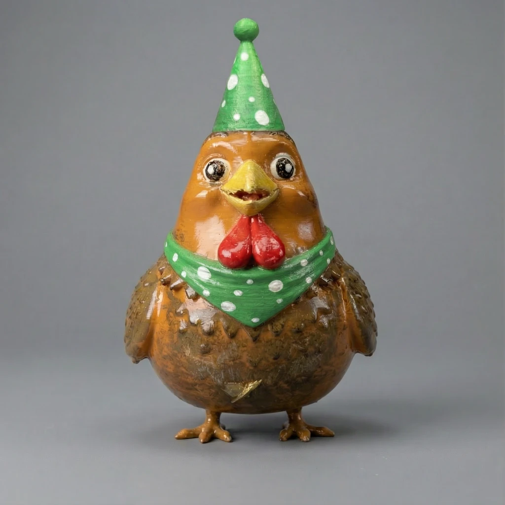 مجسم الدجاجة الكرتونية بقبعة ووشاح الحفلات