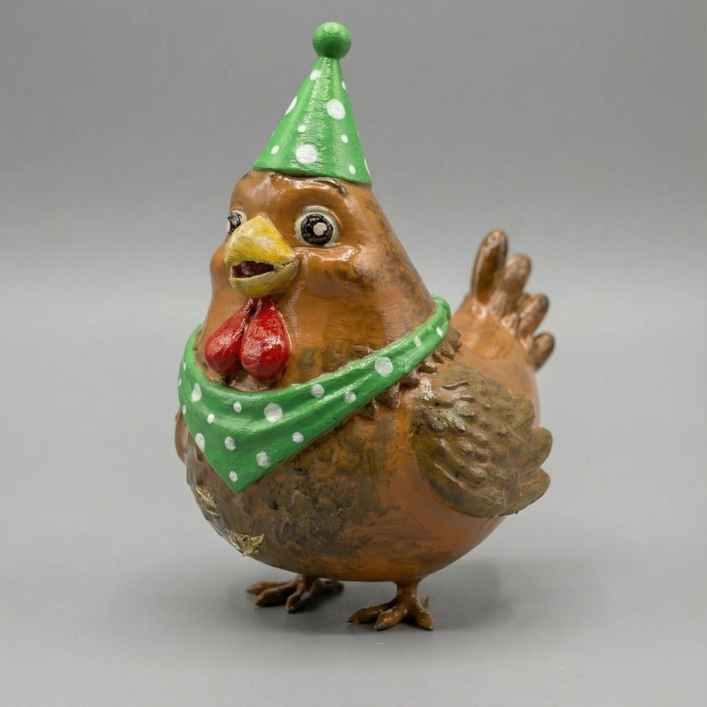 مجسم الدجاجة الكرتونية بقبعة ووشاح الحفلات