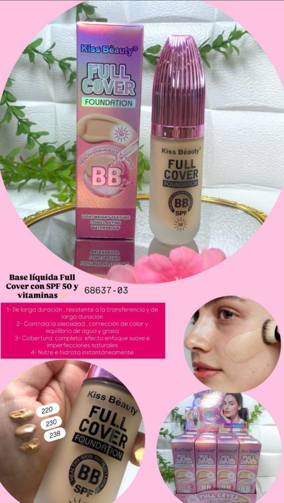 Base líquida Full Cover con SPF 50 y vitaminas