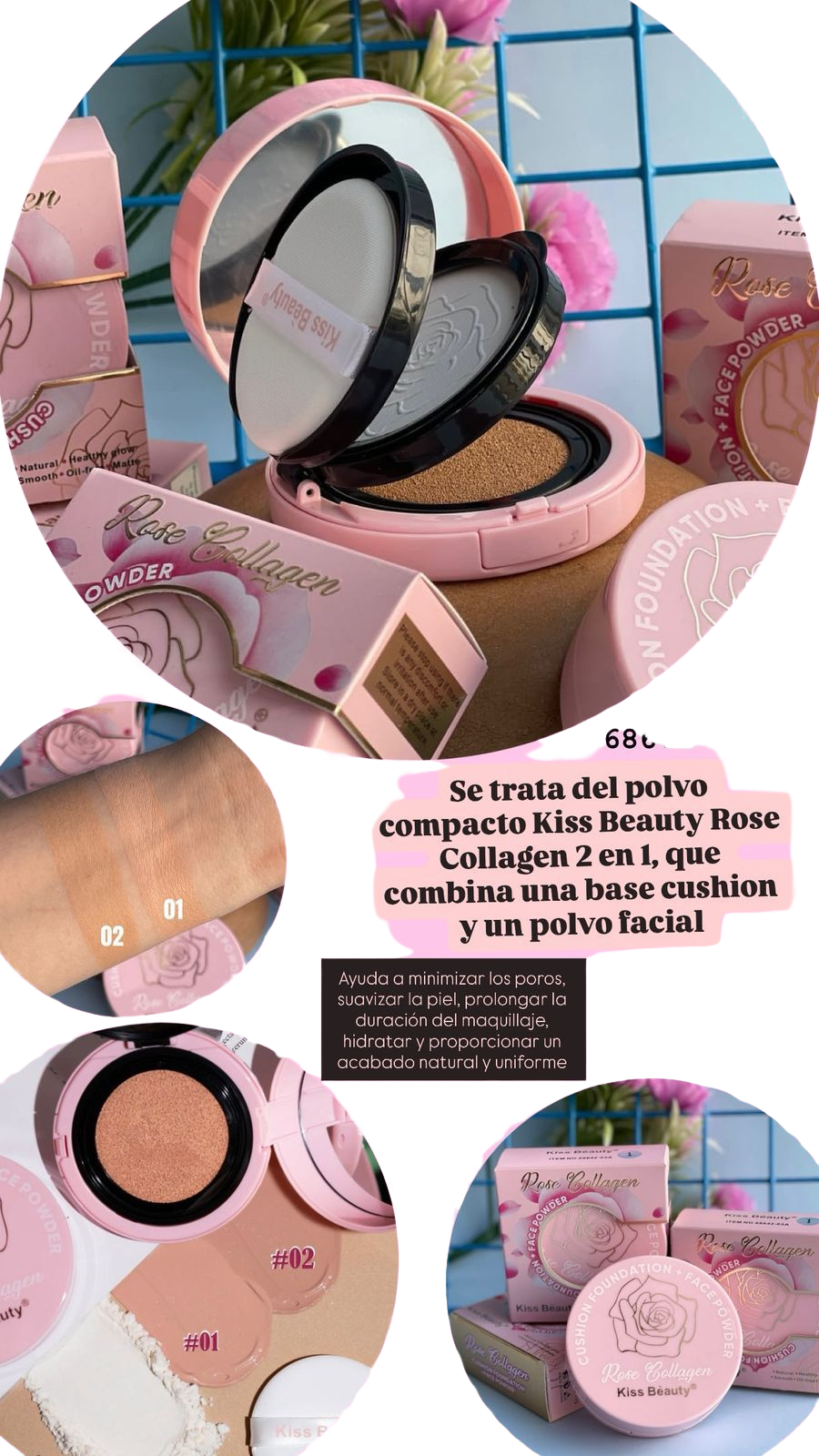 Polvo compacto Kiss Beauty Rose Collagen 2 en 1