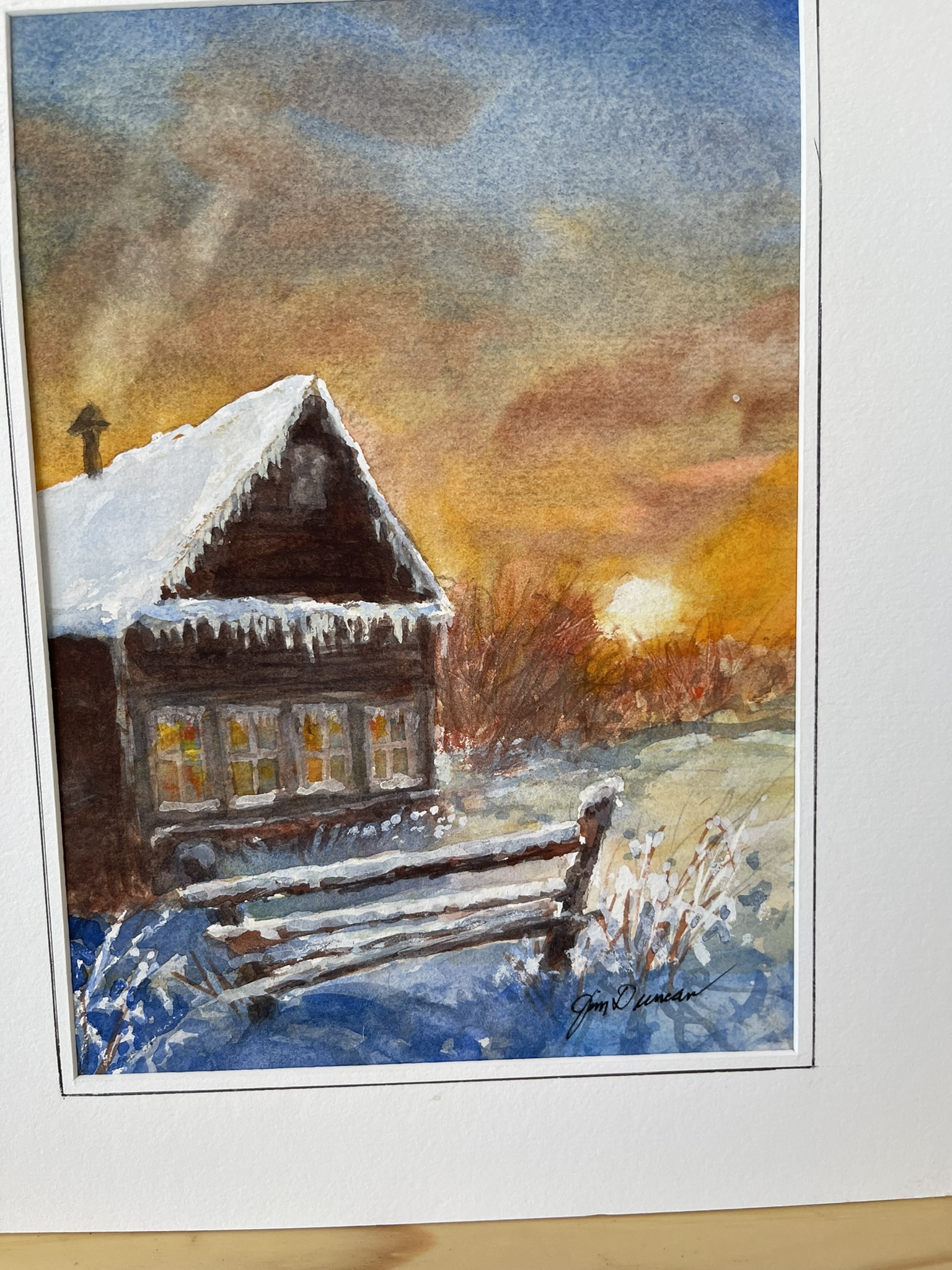 Winter Cabin Watercolor Painting