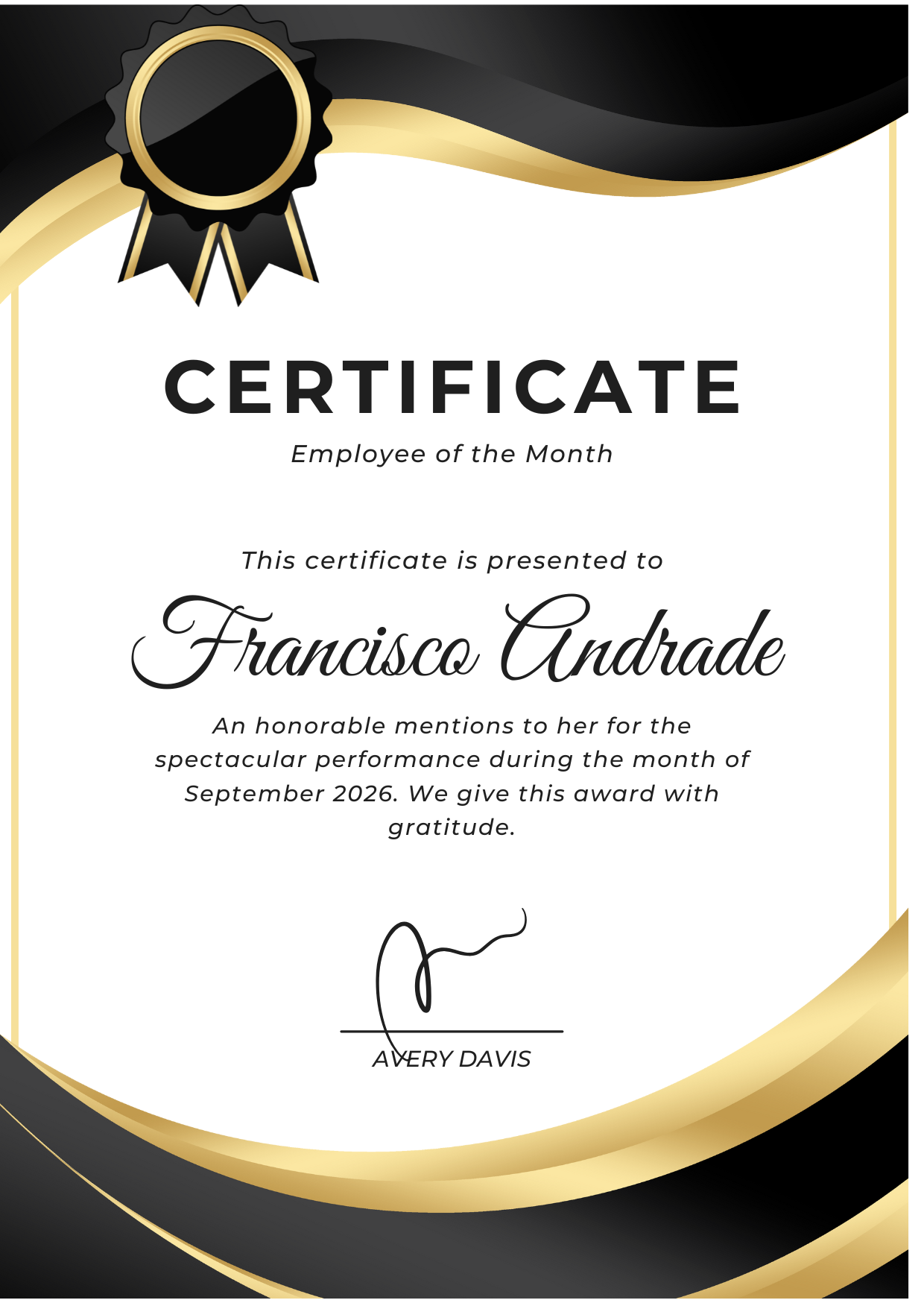 Certificate of Employee of the Month