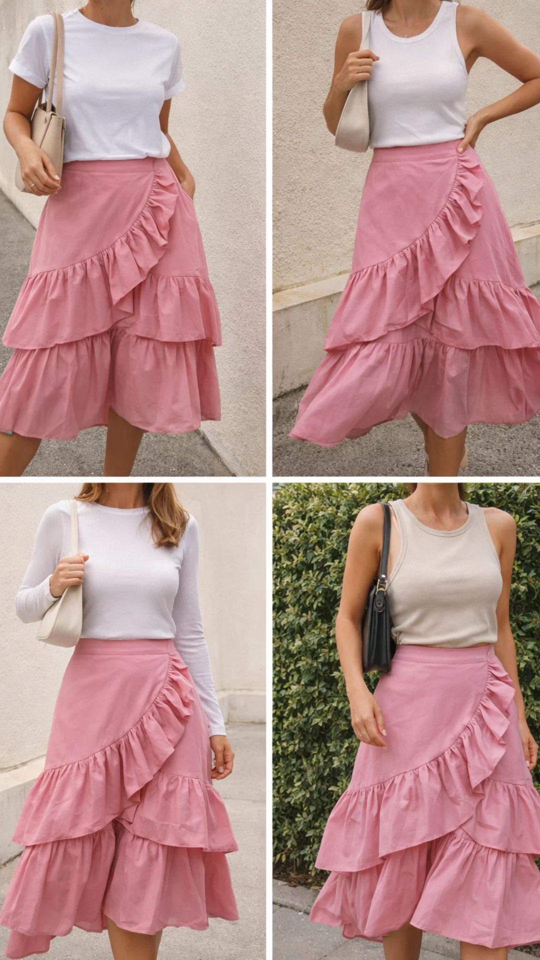 Falda midi rosa con volantes