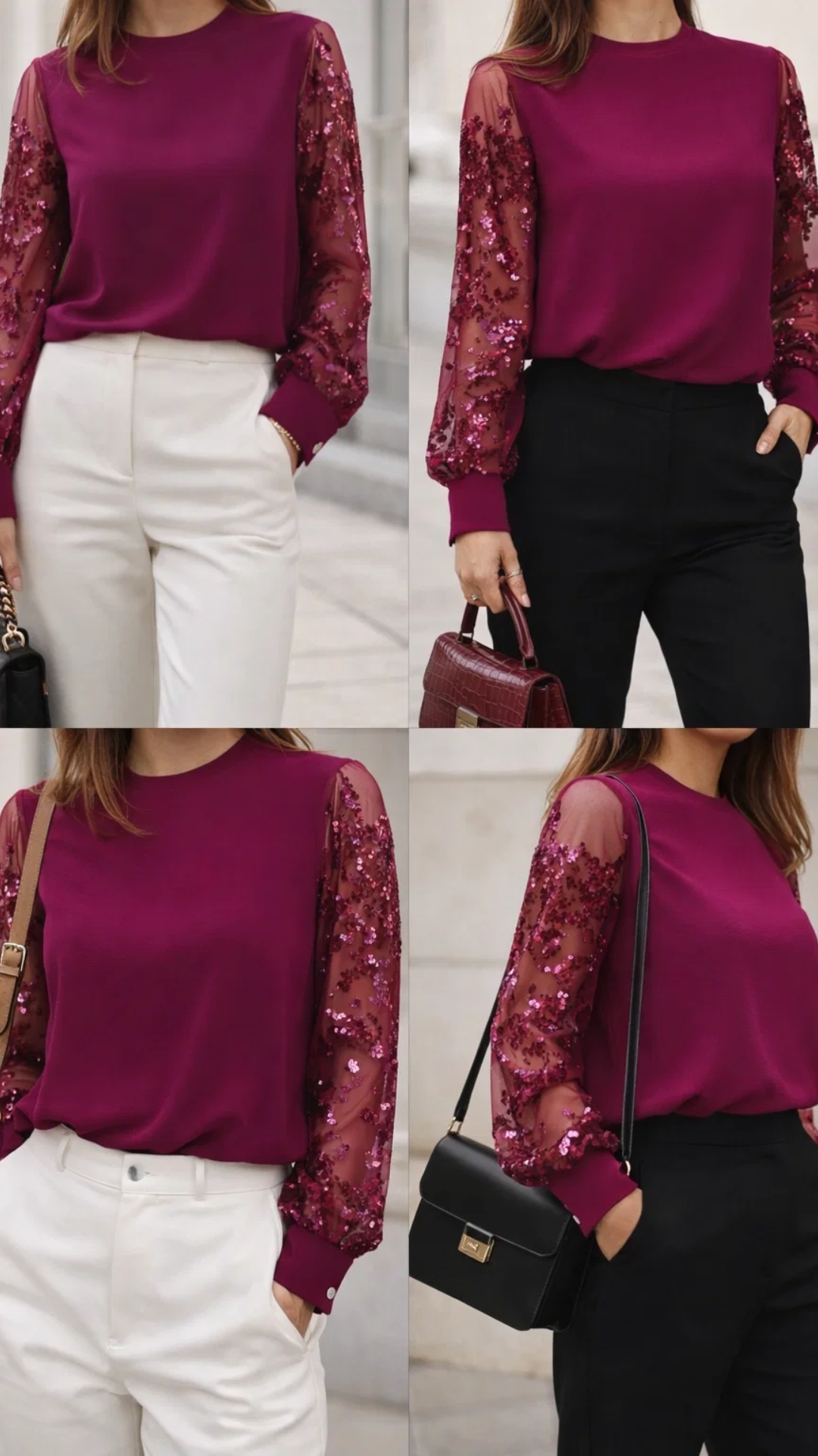 Blusa burdeos con mangas de encaje y lentejuelas