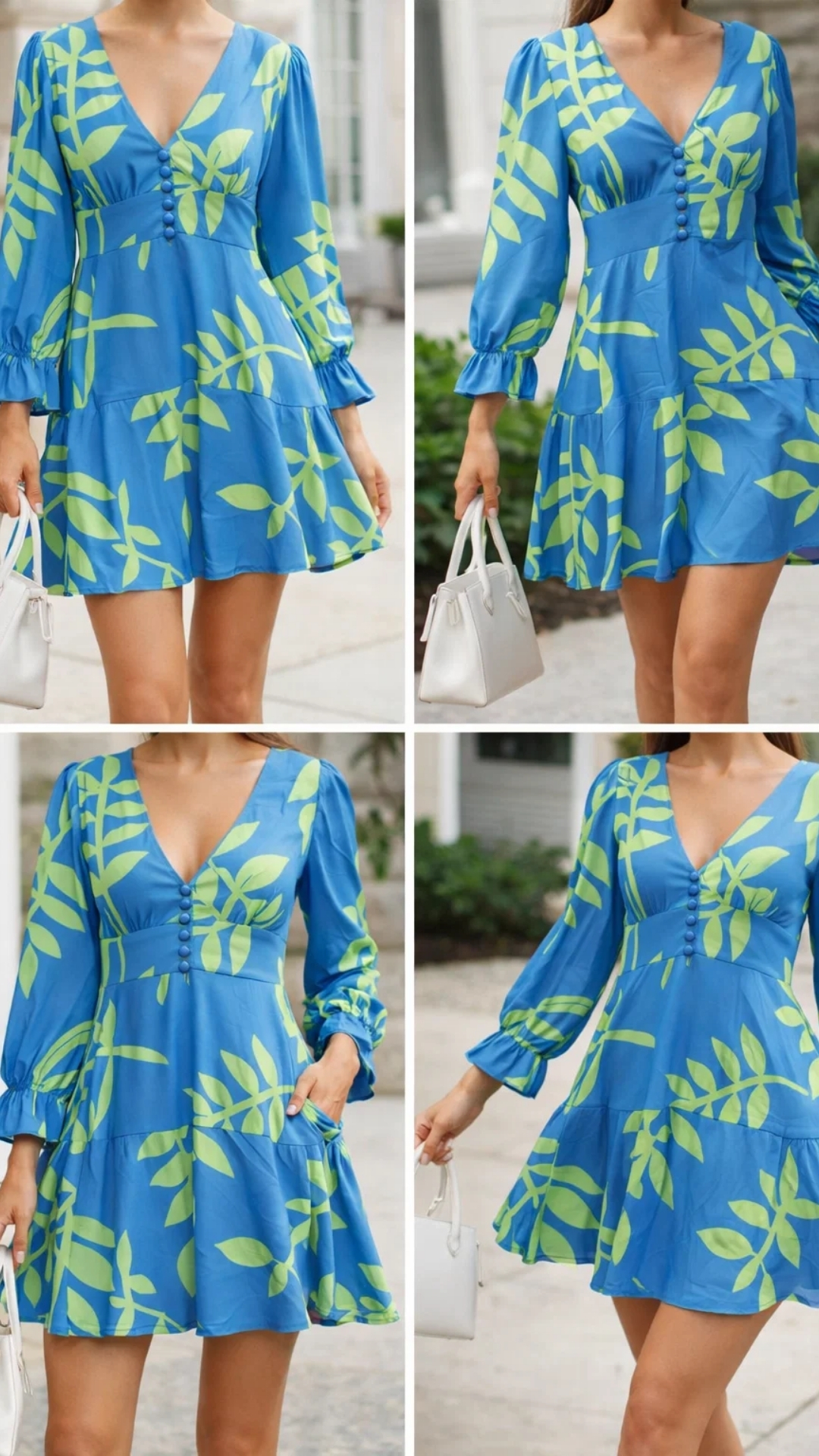 Vestido azul con estampado de hojas