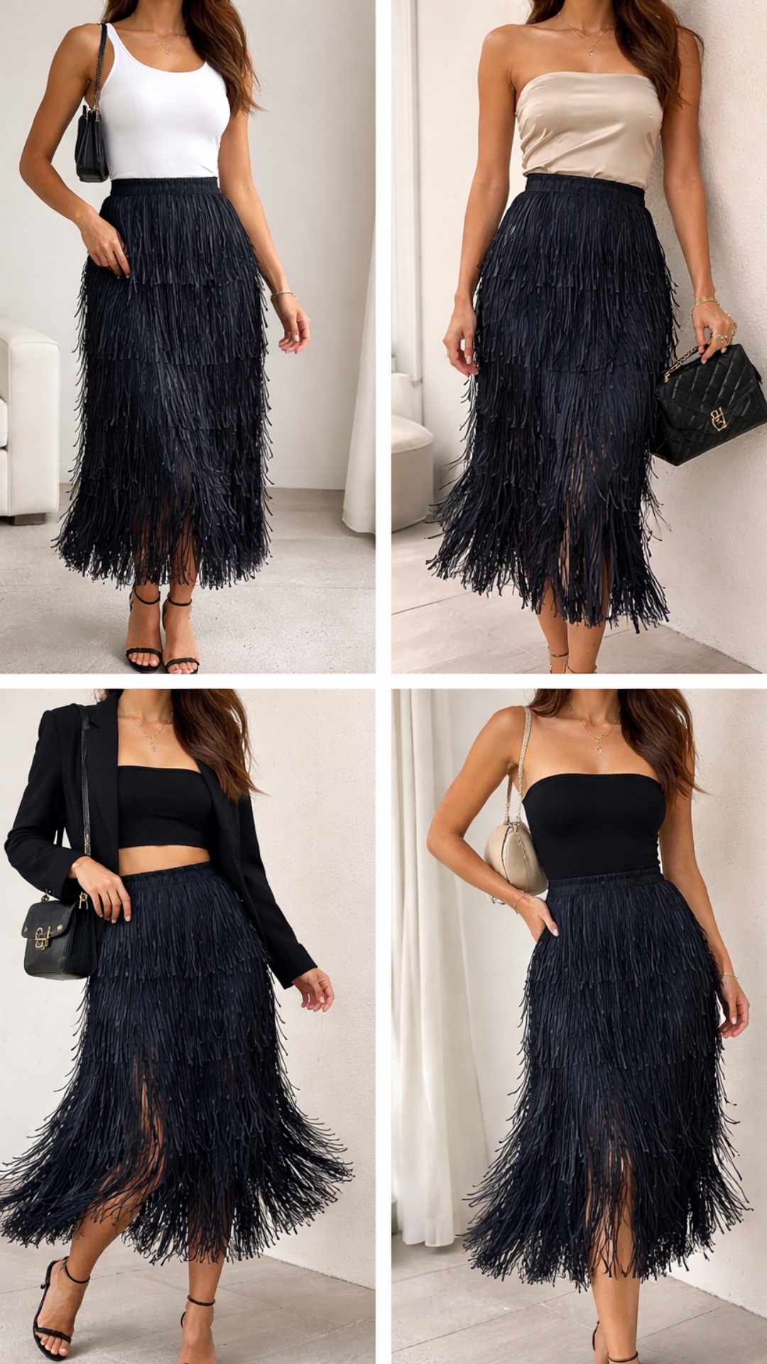 Falda larga de flecos color negra
