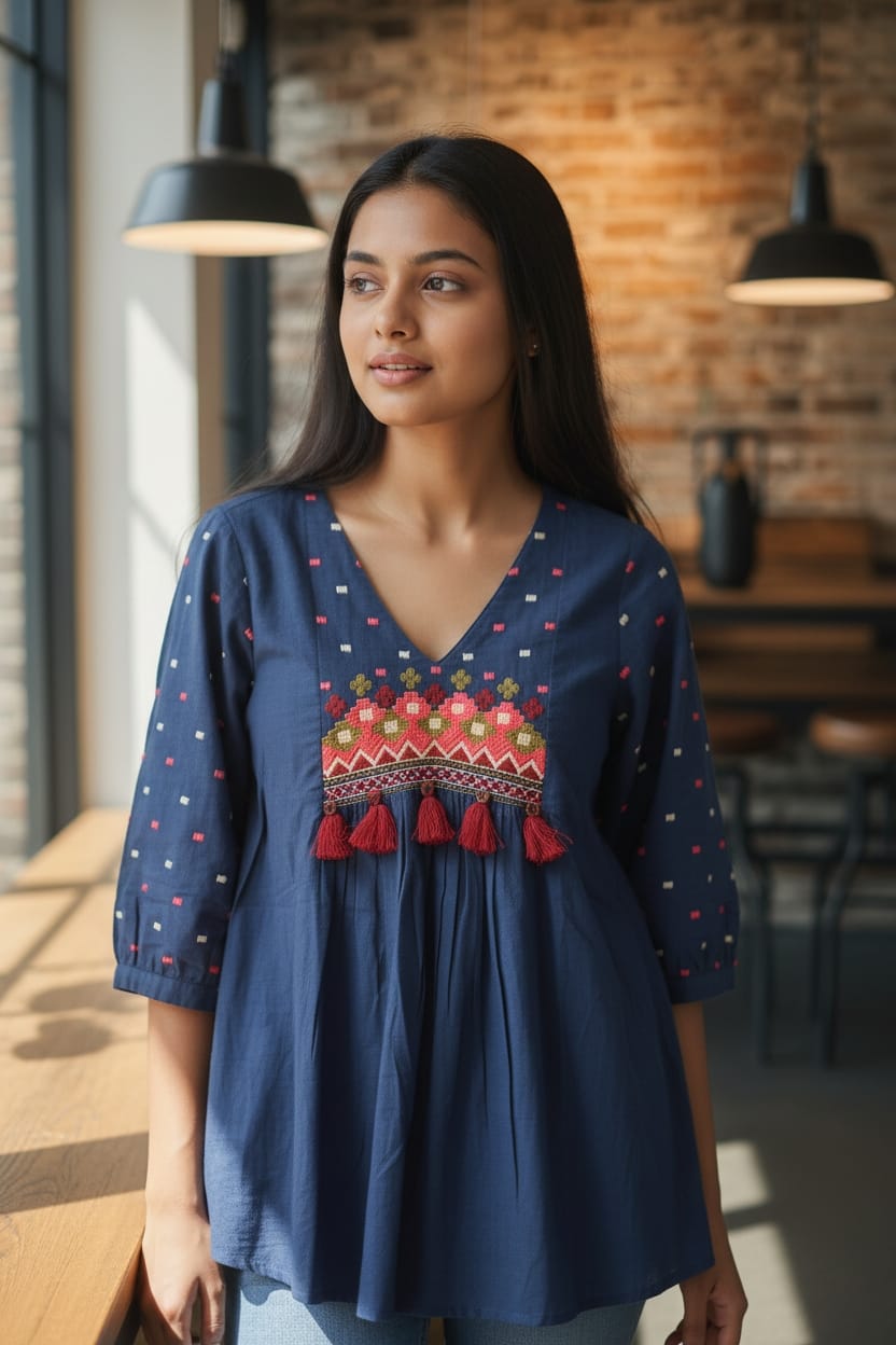 Kurti azul bordada