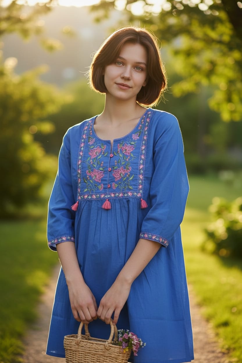 Kurta Corta azul bordada