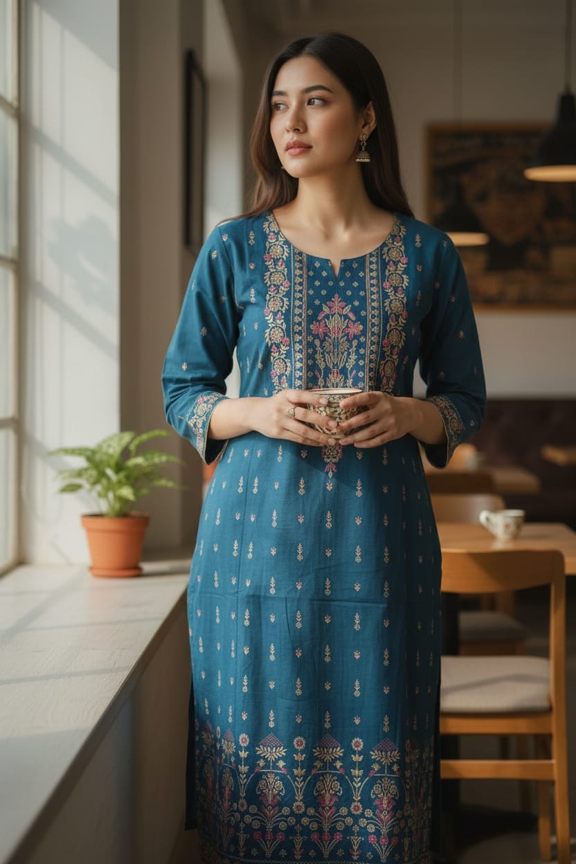 Kurta turquesa con bordado étnico