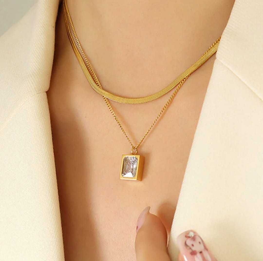 Elegant Gold Plated White Emerald Geometric Necklace Set