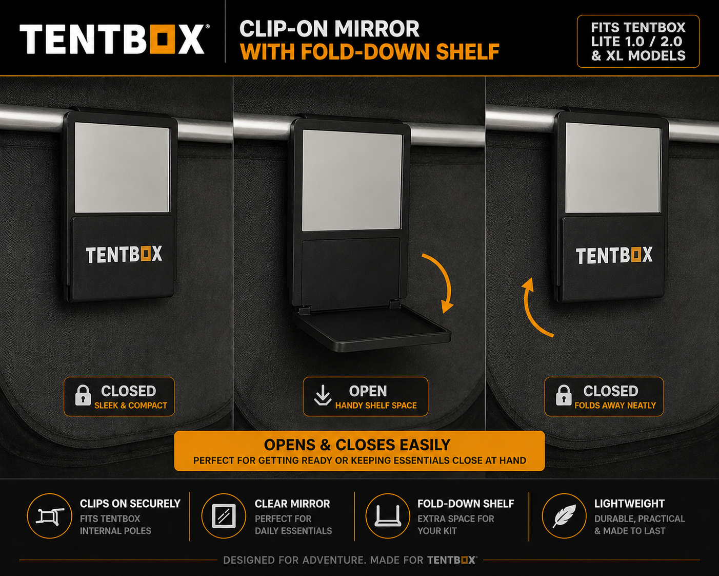 TentBox Clip On Mirror with Fold-Down Shelf Fits Lite 1.0, 2.0 & XL Camping Storage Vanity CraftLaser3D      4.5 out of 5 stars