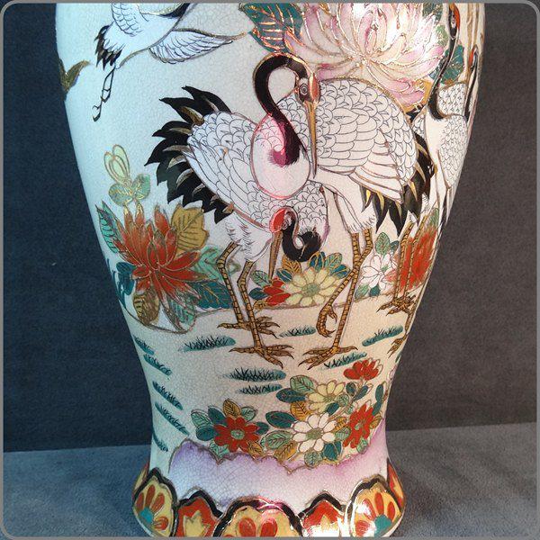 Oriental Large Kutani Style Porcelain Vase Cranes Mums Bamboo