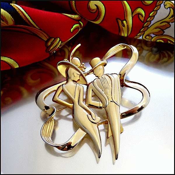 1970s Vintage Art Deco Lady n Man Big Gold Brooch Signed JONET 