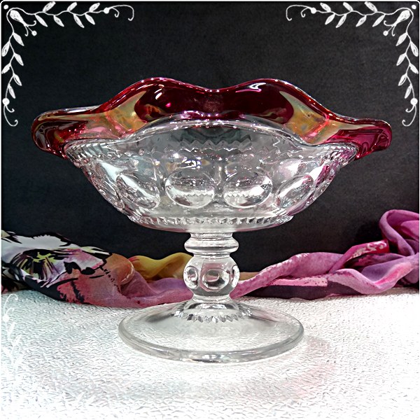Kings Crown Large Vintage Candy Dish Fluted Cranberry Glass