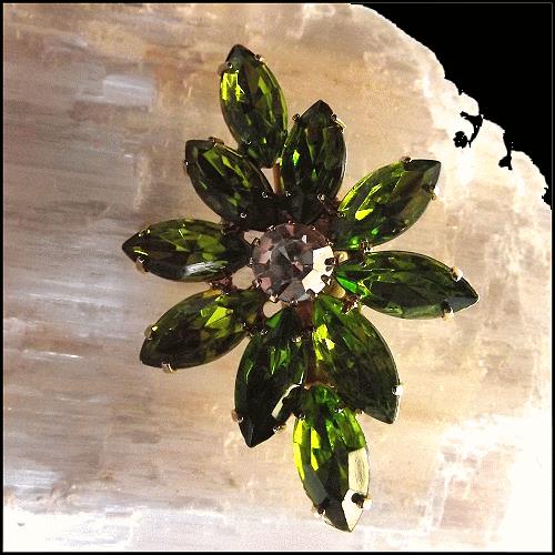1950s Juliana Style Bright Lime Crystal Vintage Feather Brooch