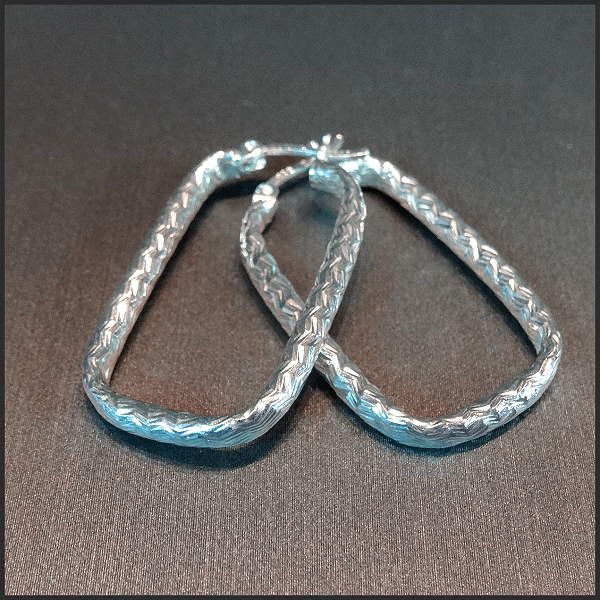 925 Sterling Silver Diamond Etched Rectangular Hoop Pierced Earrings