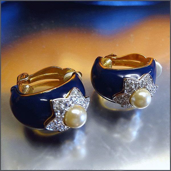 Designer Signed Elegant Navy Hoops w Crystals Cultured Pearl Vintage Clip Earrings