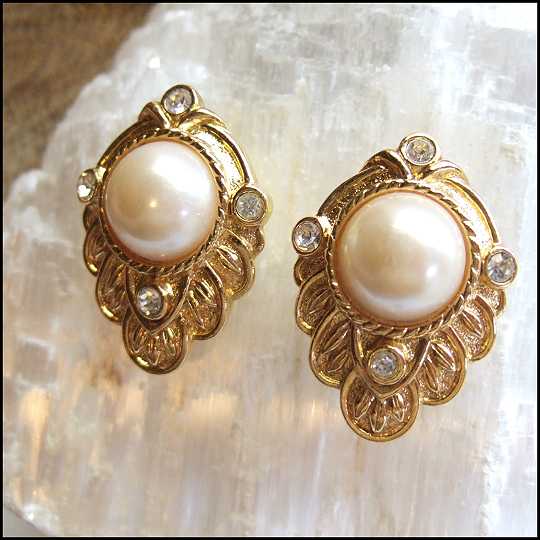 KJL for Avon Signed Gold Pearl Finial Vintage Clip Earrings