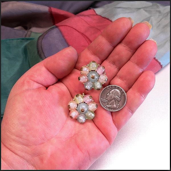 1950s Vintage Earrings Frosted Pastel Glass Clips Signed Crown Trifari