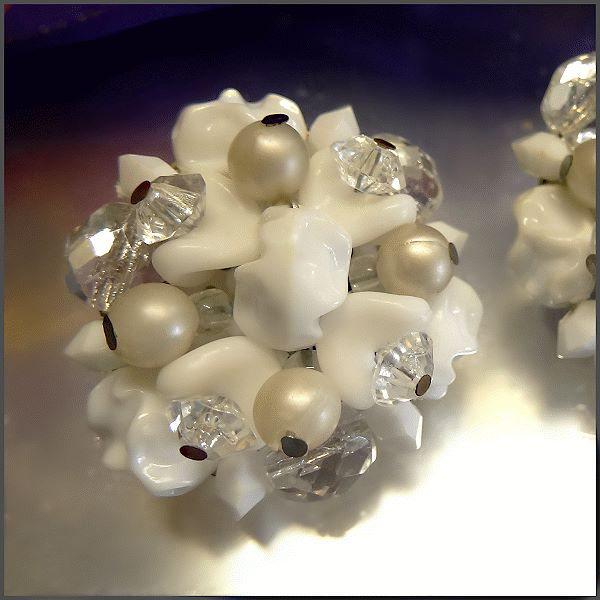 1950s Vintage Milk Glass Clip Earrings West Germany w Pearls n Crystals