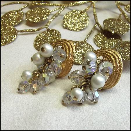 1970s Napier Pearl Crystal Gold Vintage Earrings