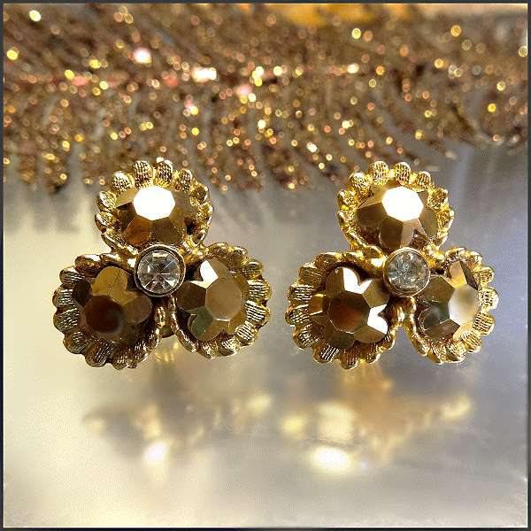 1950s Vintage Clip Earrings Gold Aurum Rhinestones 