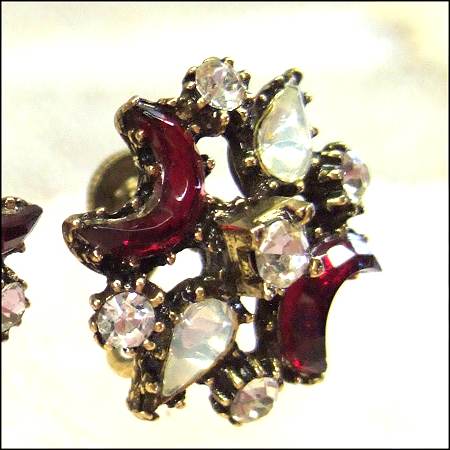 1940s Vintage Earrings Opal Moon and Red Glass Claire de Lune Style