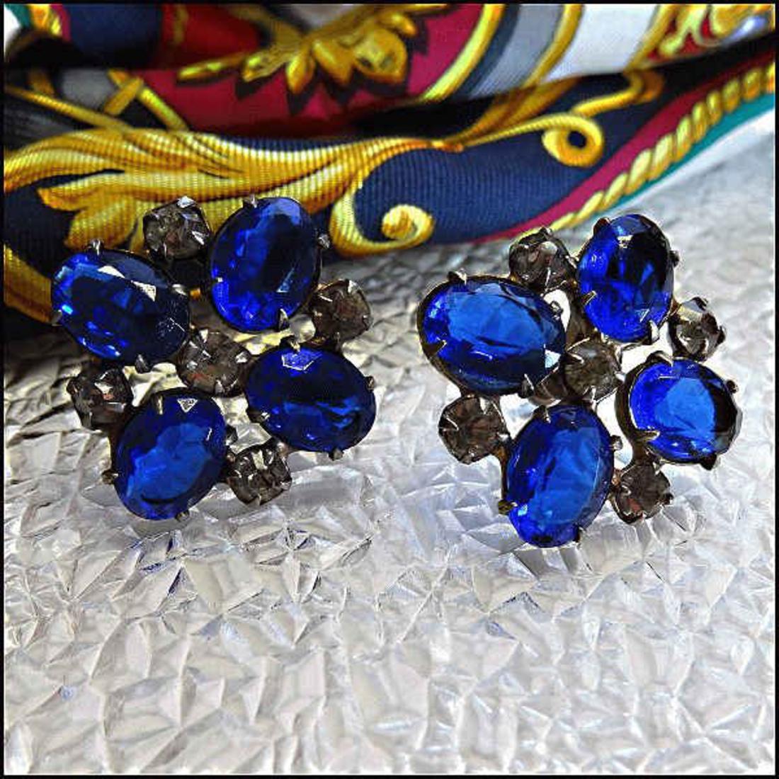 1940s Blue Sapphire Glass Sterling Silver Vintage Earrings