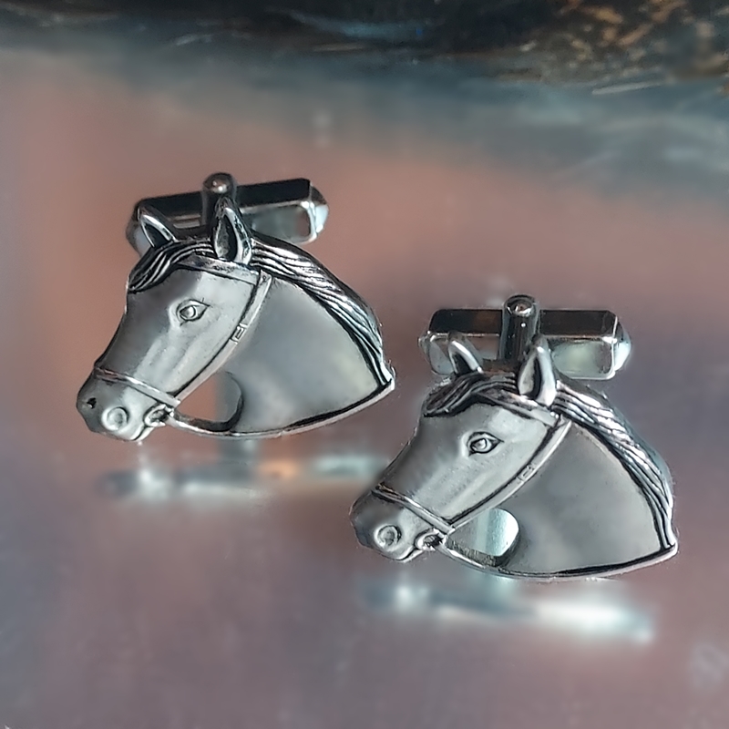 1950s Signed Anson Etched Silver Horse Vintage Cufflinks