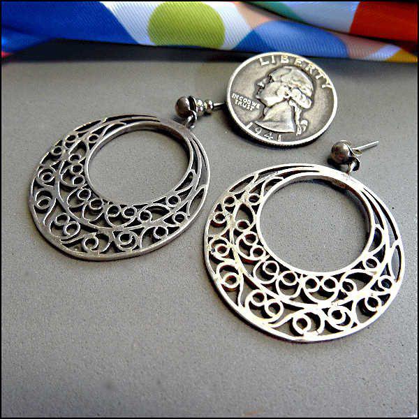 1970s Vintage 925 Sterling Silver Earrings Scrolled Hoops