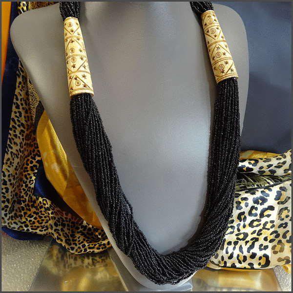1980s Black Glass Carved Bone Long Torsade Vintage Ethnic Necklace