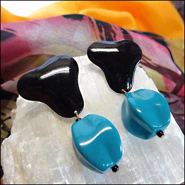 1960s Abstract Black n Turquoise Retro Vintage Pierced Earrings