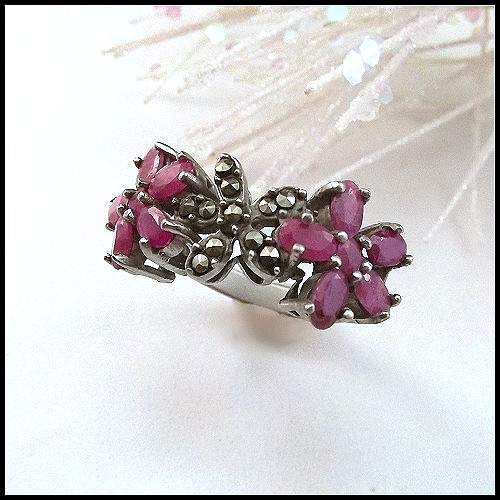 Vintage Pink Tourmaline 925 Sterling Silver Ring w Marcasite Flowers Sz 8 